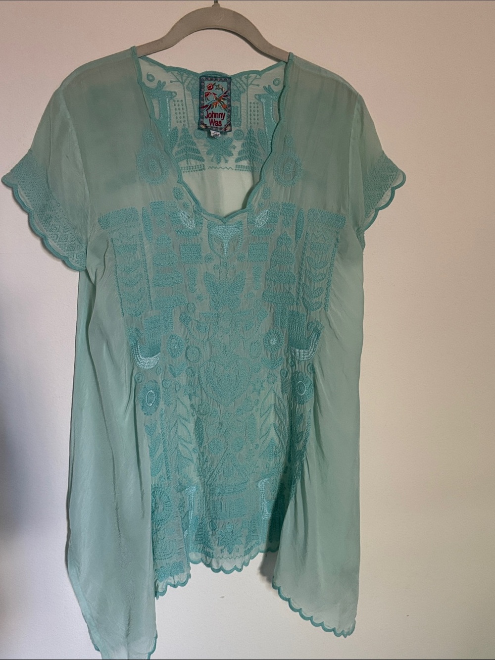 Johnny Was Aqua Embroidered Short Sleeve Tunic XS